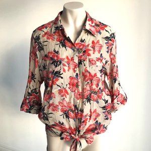 Talita Kume Linen-Like Floral Tie-waist Blouse with Rolled Sleeves, 42 / Medium